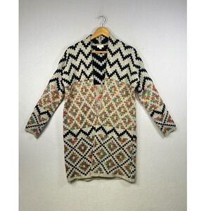 Debut Geometric Print Long Cardigan Sweater‎ Black White Multi Color Women S
